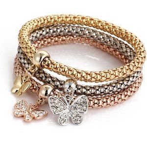 Yellow Gold Silver Rose Gold Tone Butterfly Bead Charm Stretch Bracelet Set Gift